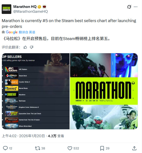 《马拉松》开启预购后 已成功跻身Steam畅销榜前十