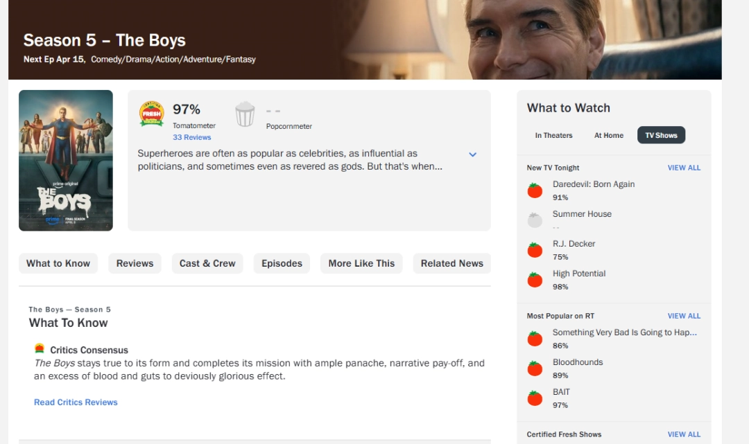 《黑袍纠察队》最终季烂番茄新鲜度97% 系列终局获盛赞